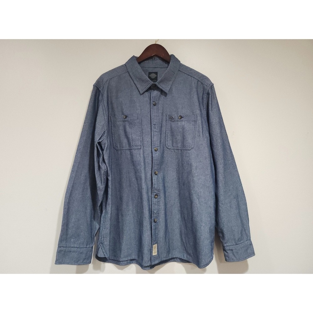 Harley-Davidson Motorcycle Shirt Mens XL Blue Herringbone Logo Casual Button Up